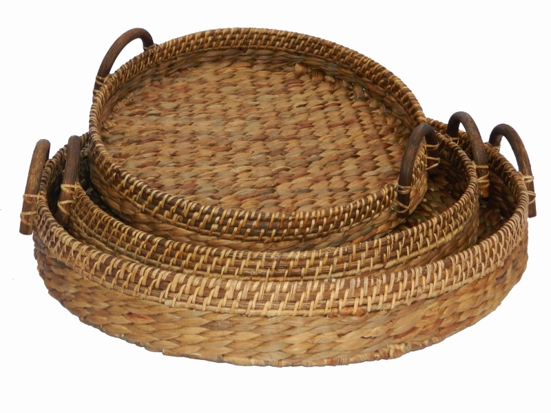 Artisanal Water Hyacinth and Rattan Serving Tray Set with Handles - Eco-Friendly Home Decor